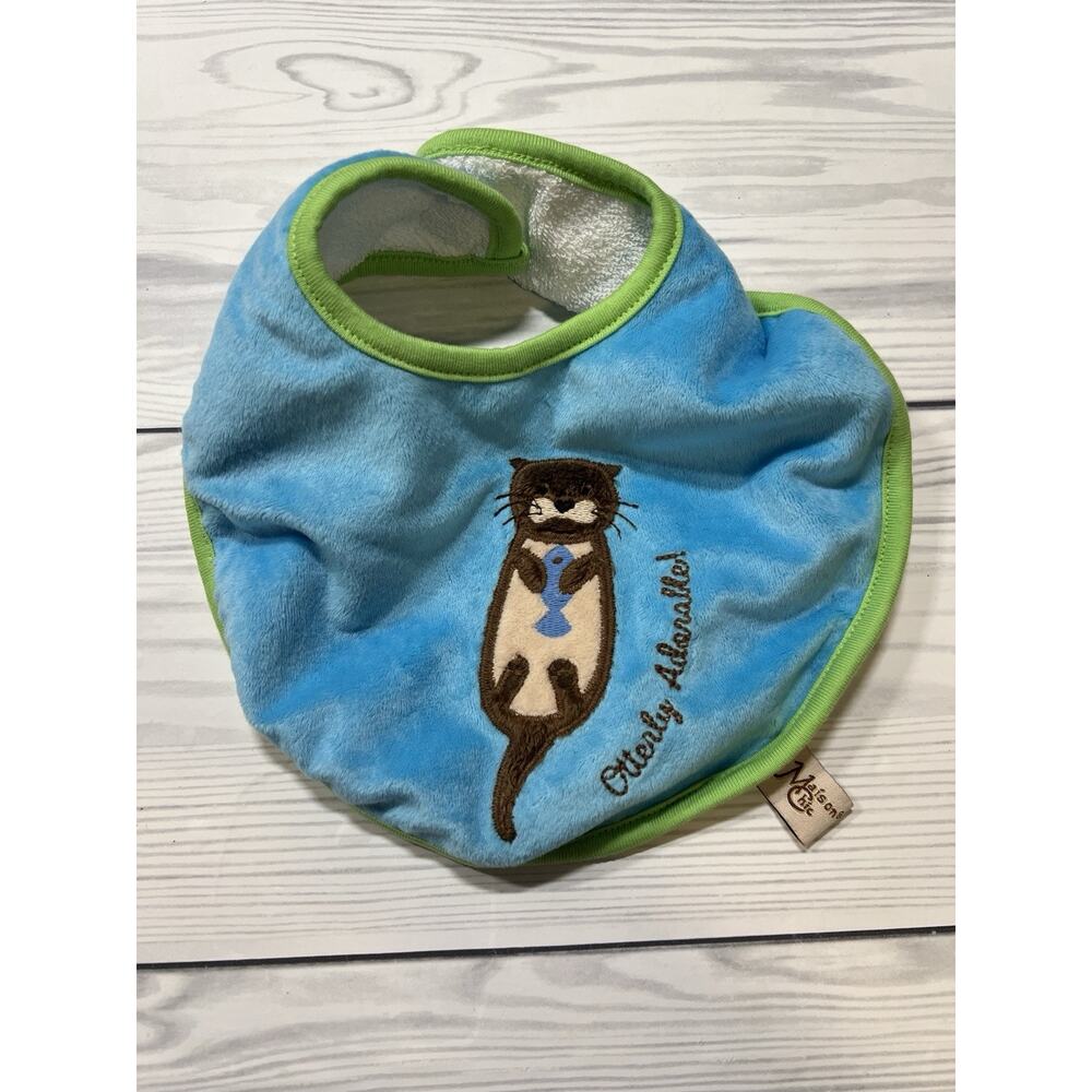 Maison Chic Otterly Adorable Plush Baby Bib Blue Green Otter NWT Cute!